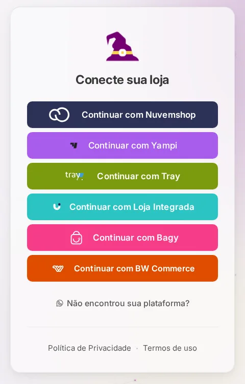 Tela do Magoquiz para conectar a loja, com um botão por plataforma