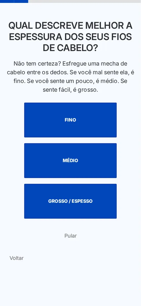 Primeira pergunta do modelo Quiz do Cabelo, como aparece no celular