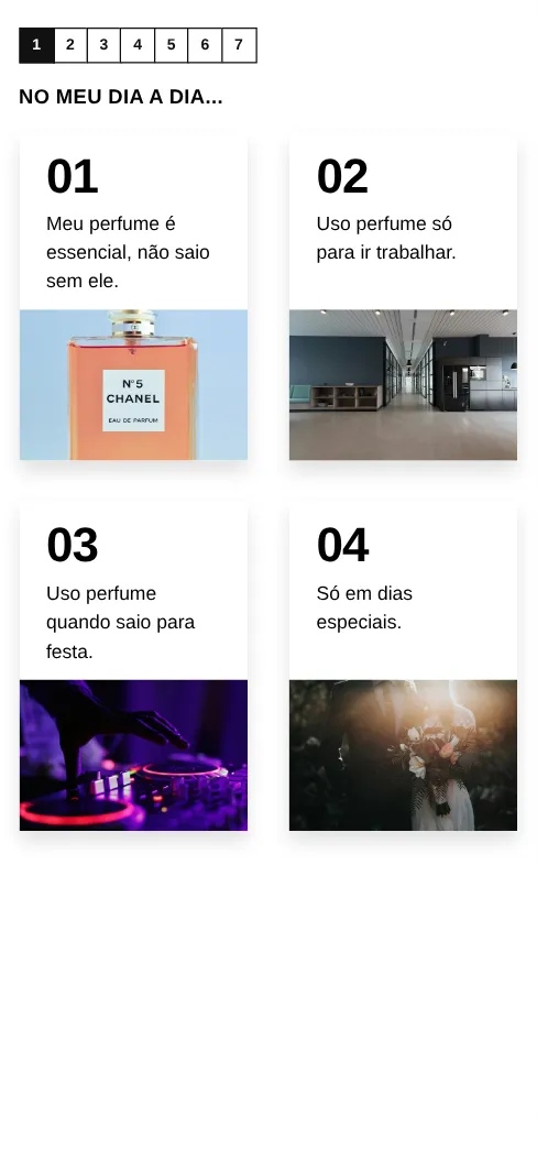Primeira pergunta do modelo Quiz de Perfumes (Editorial), como aparece no celular