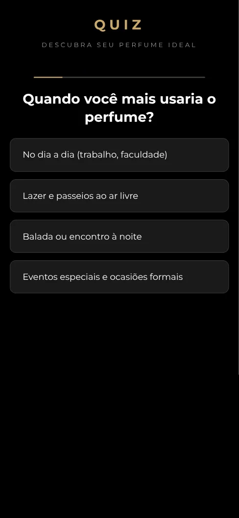 Primeira pergunta do modelo Quiz de Perfumes (Noir), como aparece no celular
