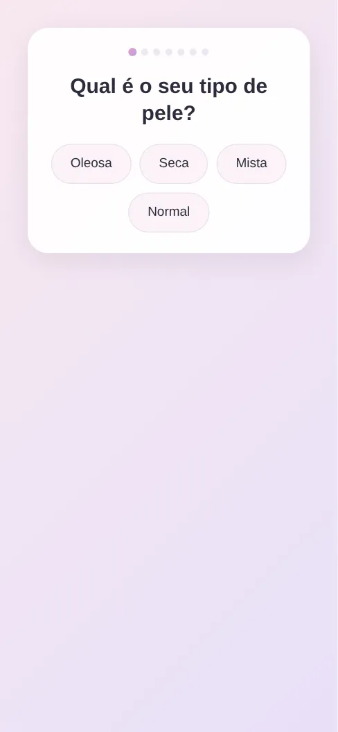 Primeira pergunta do modelo Quiz de cuidados com a pele, como aparece no celular
